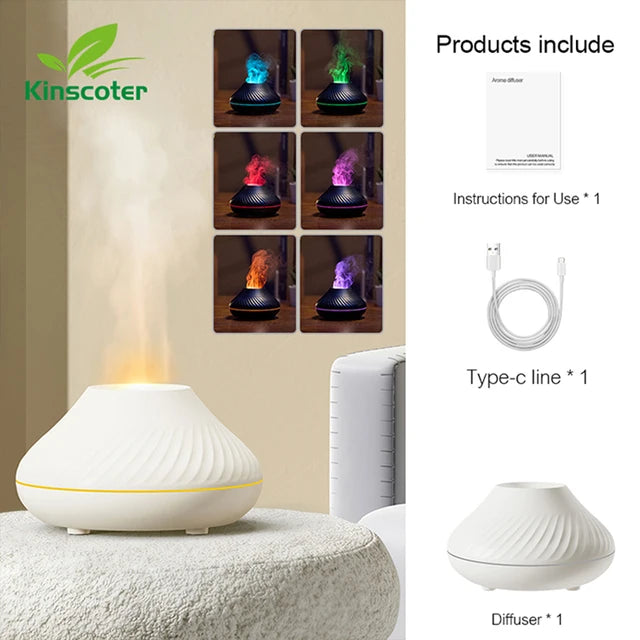 KINSCOTER Difusor de Aroma Vulcânico Lâmpada de Óleo Essencial 130ml USB Humidificador de Ar Portátil com Luz Nocturna de Chama Colorida