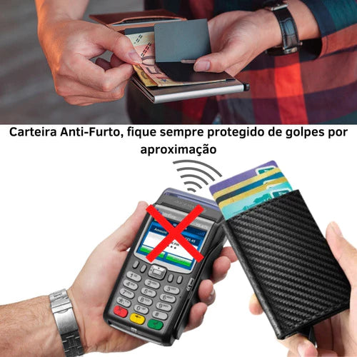 Carteira Ejetora Automática Slim Fibra De Carbono couro Anti Furto Proteção Cartões